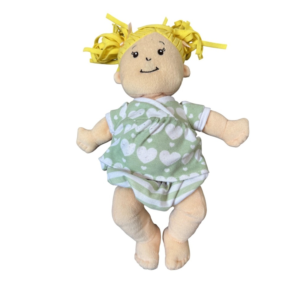 Manhattan Toy Baby Girl Soft Cloth Rag Doll 15" Yellow Hair Green Hearts Outfit